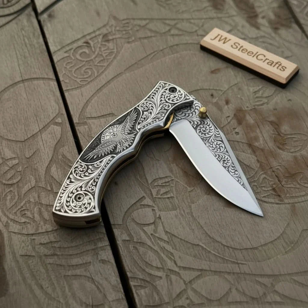 Hand Engraved Folding Knife — Eagle Motif Stainless Steel Scales