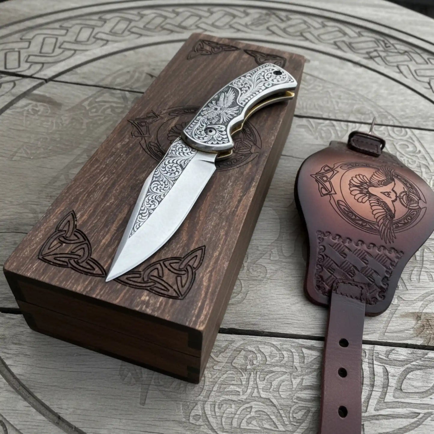 Hand Engraved Folding Knife — Eagle Motif Stainless Steel Scales