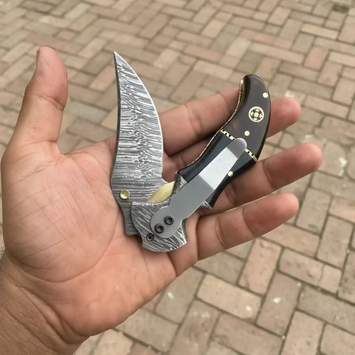 Damascus Recurve Folding Pocket Knife — Liner Lock, Black Resin & Wood Handle, Brass Spacer & Pocket Clip