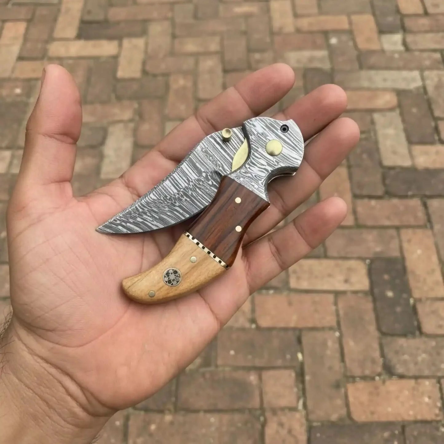Small Damascus Recurve Folding Pocket Knife — Liner Lock, Rosewood & Olive Wood Handle, Brass Bolster & Brass Thumb Stud
