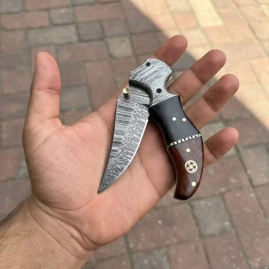 Damascus Recurve Folding Pocket Knife — Liner Lock, Black Resin & Wood Handle, Brass Spacer & Pocket Clip