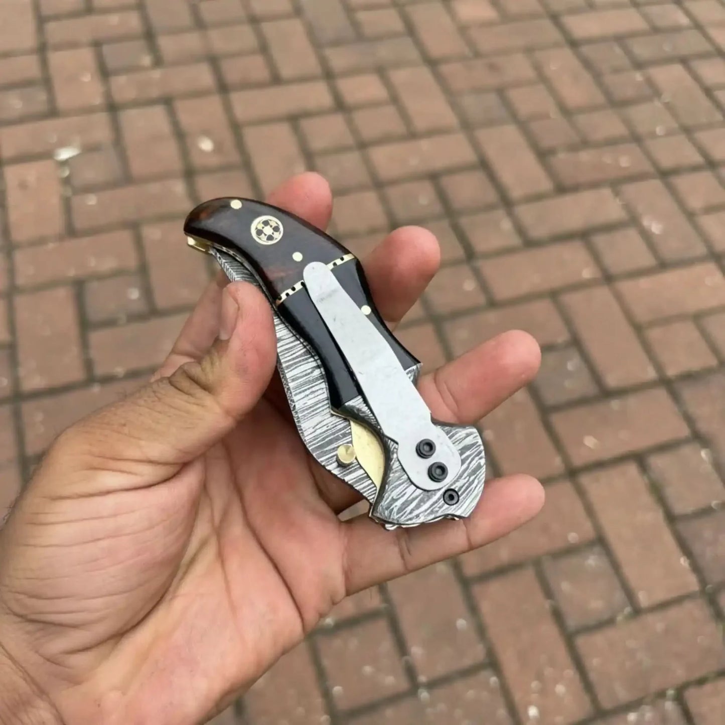 Damascus Recurve Folding Pocket Knife — Liner Lock, Black Resin & Wood Handle, Brass Spacer & Pocket Clip