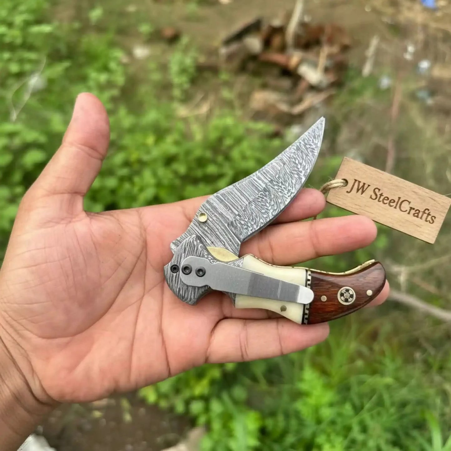Damascus Hawkbill Folding Pruning Knife — Liner Lock, Rosewood & Bone Handle, Mosaic Pin