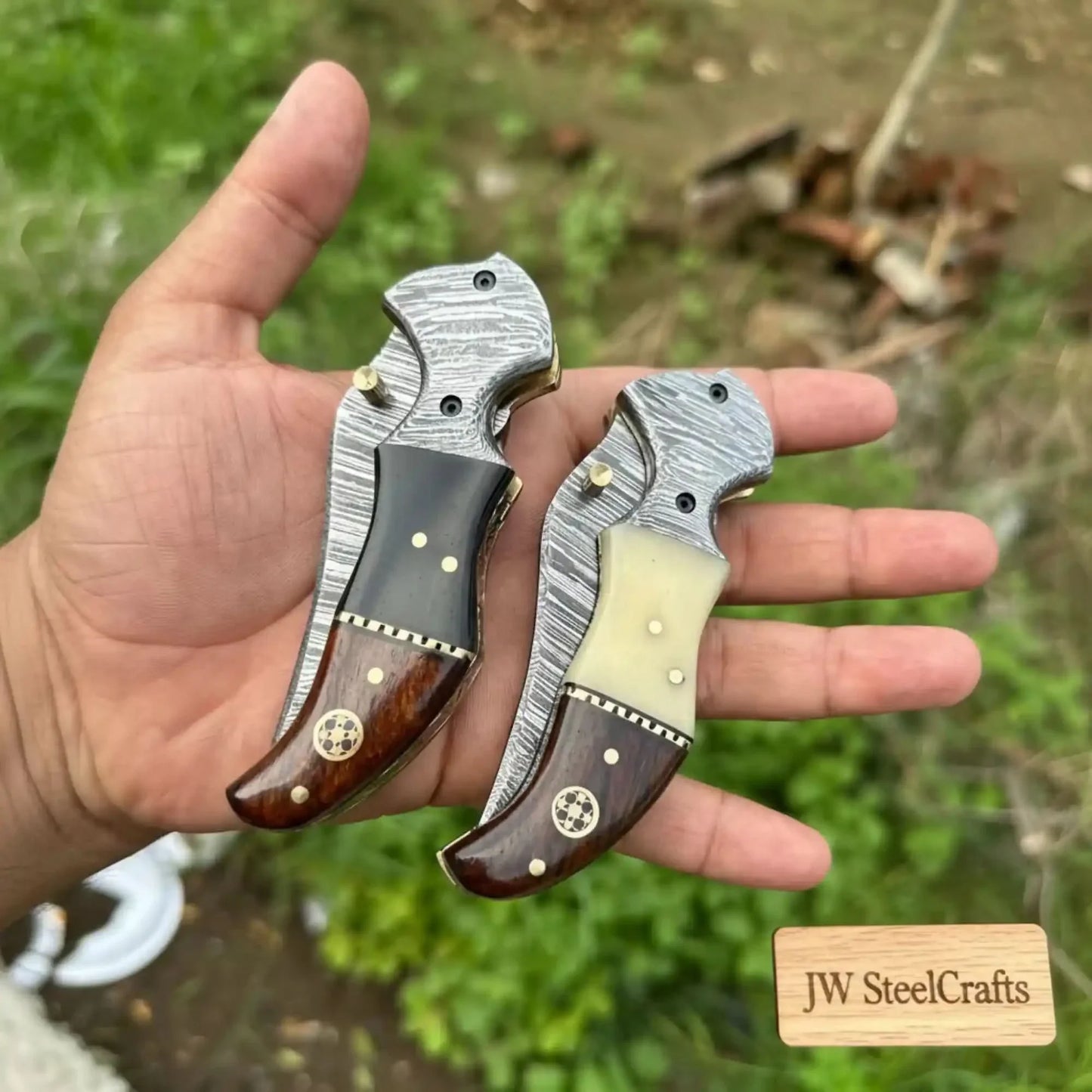 2-Piece Damascus Hawkbill Folding Pocket Knives — Liner Lock, Rosewood Black & Cream Resin Handles, Brass Bolsters