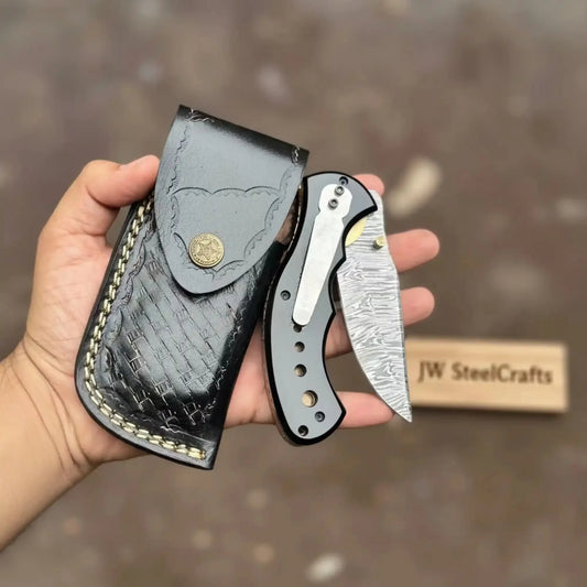 Damascus Steel Folding Pocket Knife — Recurve Clip Point Blade, Black Resin Handle, Pocket Clip & Cowhide Leather Sheath