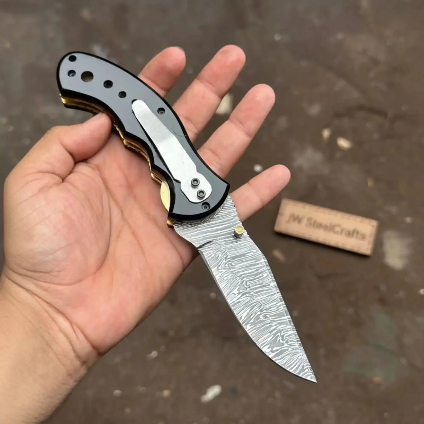 Damascus Steel Folding Pocket Knife — Recurve Clip Point Blade, Black Resin Handle, Pocket Clip & Cowhide Leather Sheath