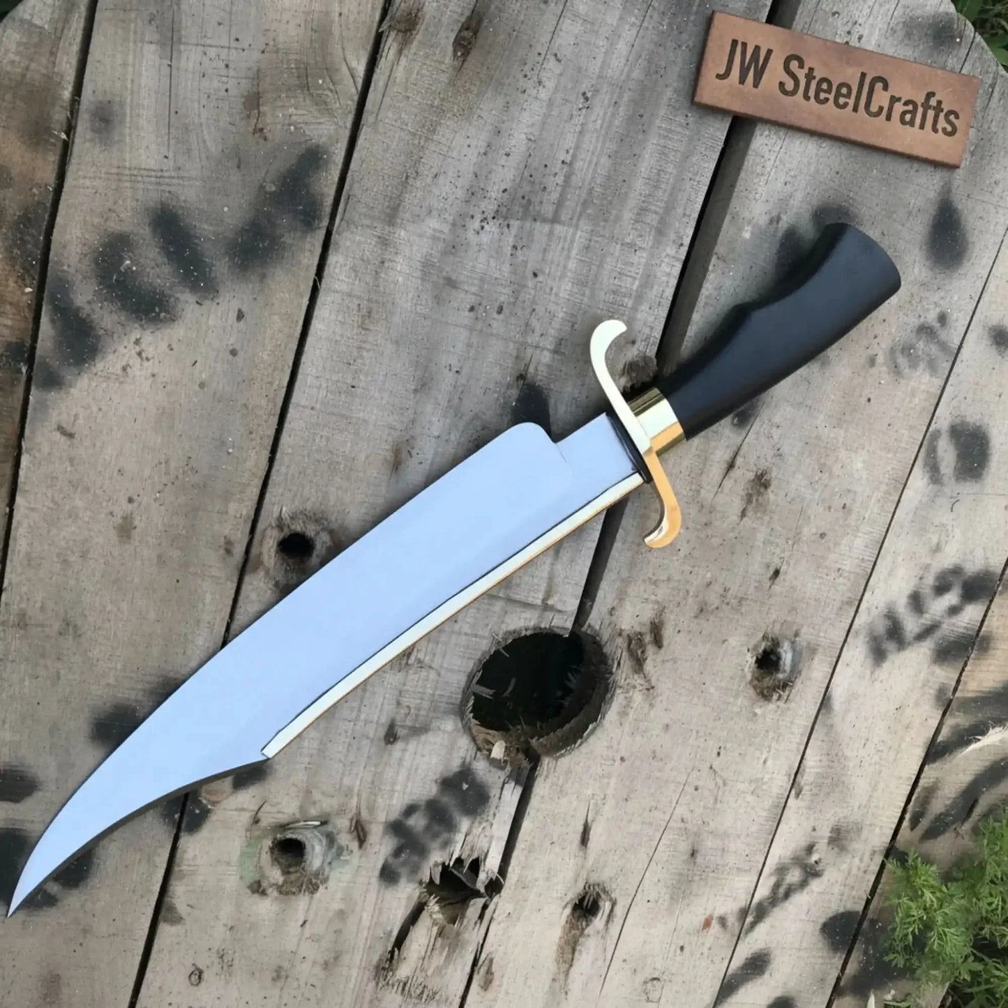 Carbon Steel 10-Inch Clip Point Bowie Knife — Black Handle, Brass S-Guard & Mirror Polished Blade