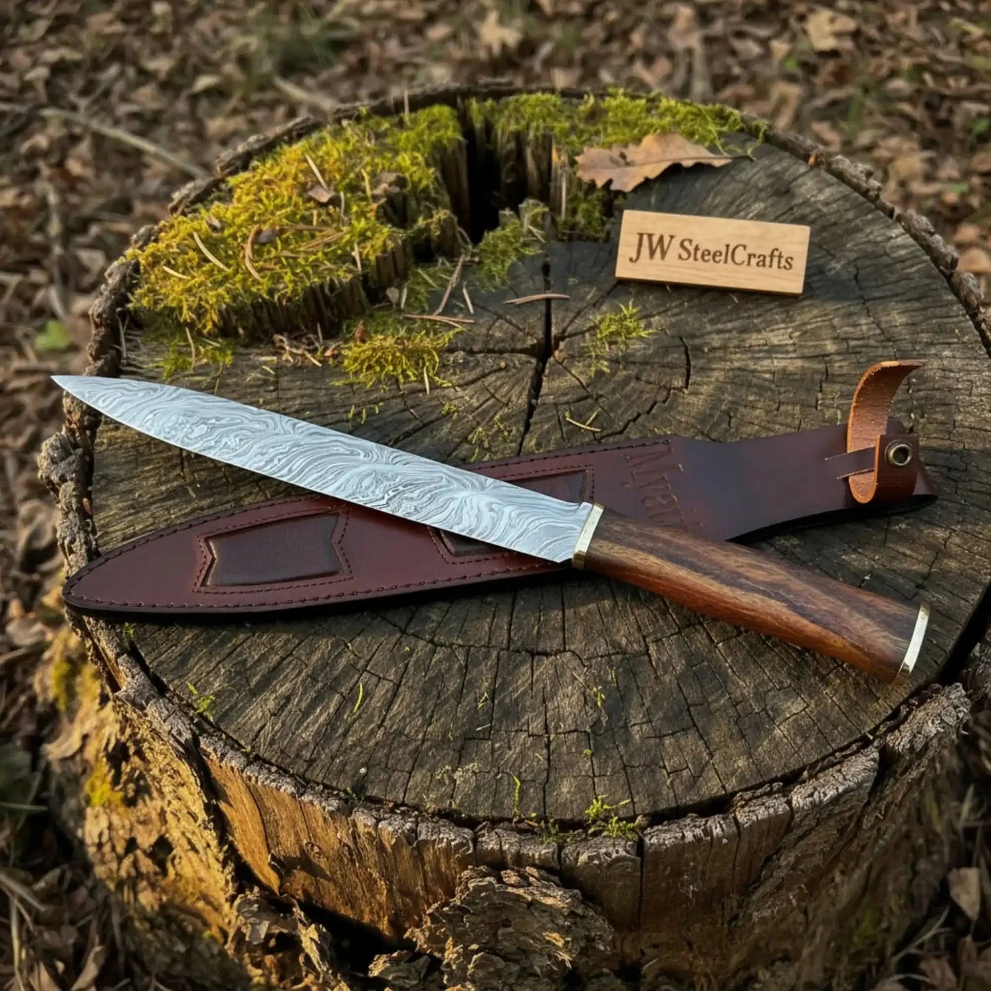 15-Inch Damascus Seax Knife — 10-Inch Wave Pattern Blade, Rosewood Handle