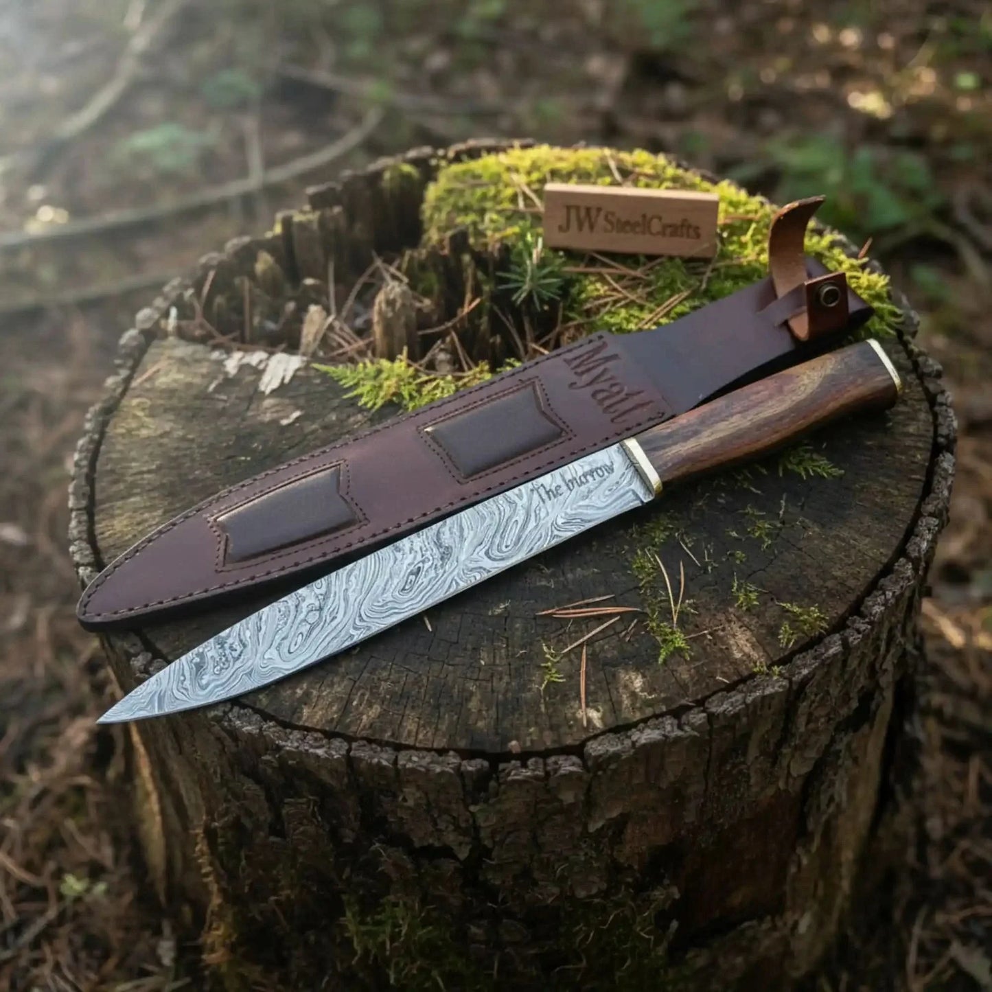 15-Inch Damascus Seax Knife — 10-Inch Wave Pattern Blade, Rosewood Handle