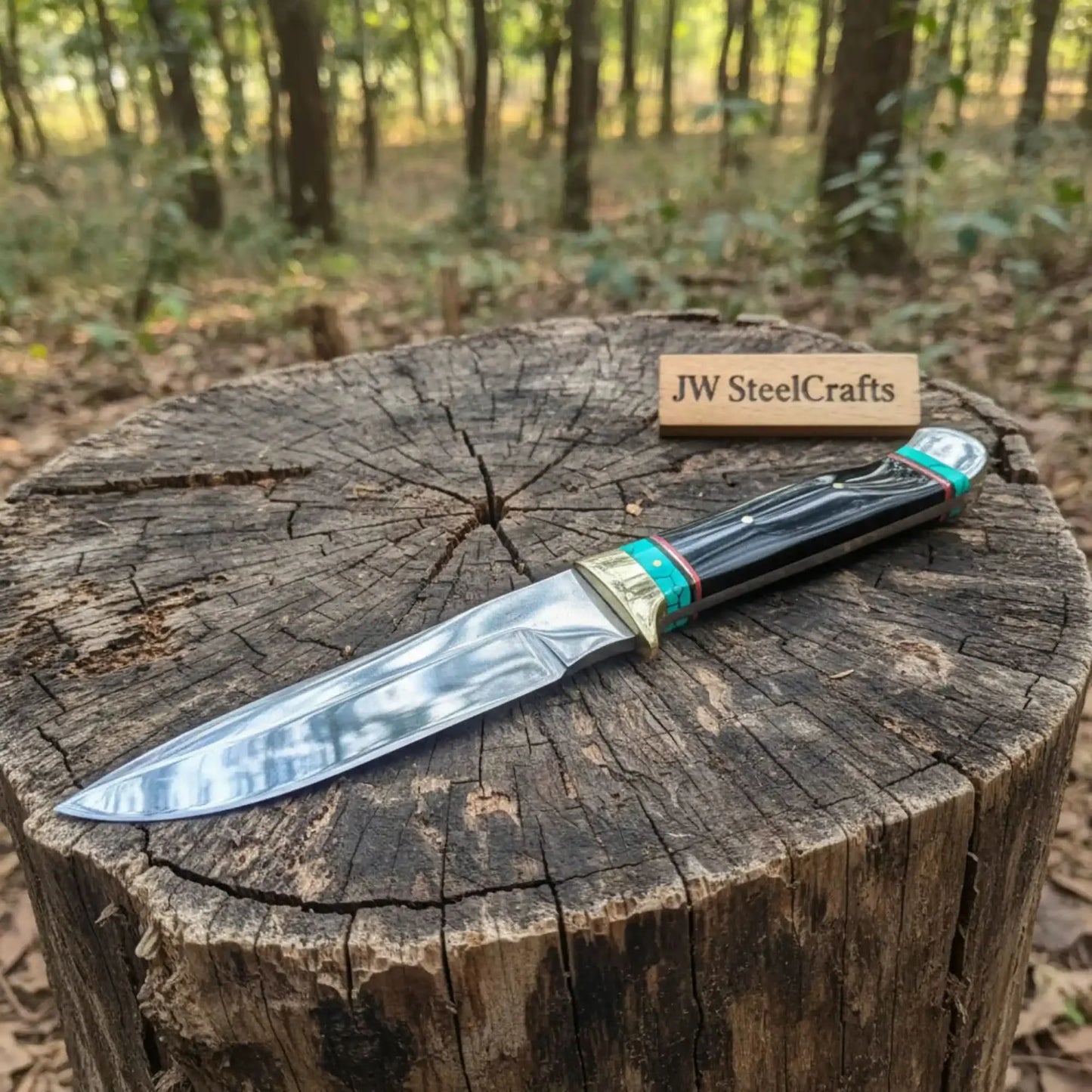 Carbon Steel 9-Inch Clip Point Bowie Knife — Buffalo Horn Handle with Turquoise Spacers