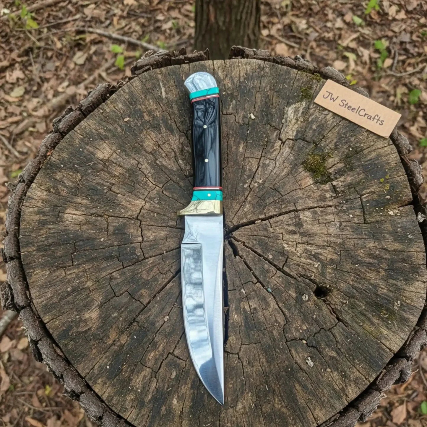 Carbon Steel 9-Inch Clip Point Bowie Knife — Buffalo Horn Handle with Turquoise Spacers