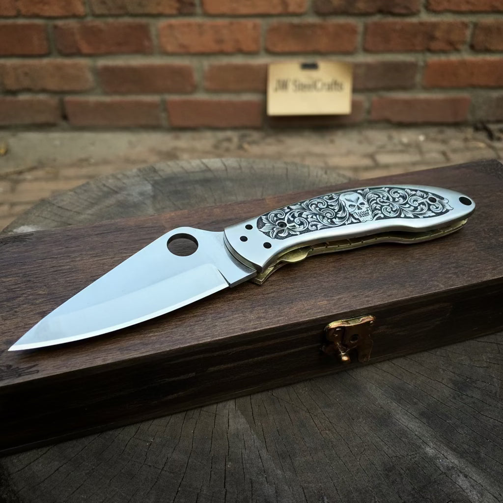 Hand Engraved D2 Steel Folding Pocket Knife — Mirror Polished Leaf Blade, Skull Floral Scroll Stainless Handle