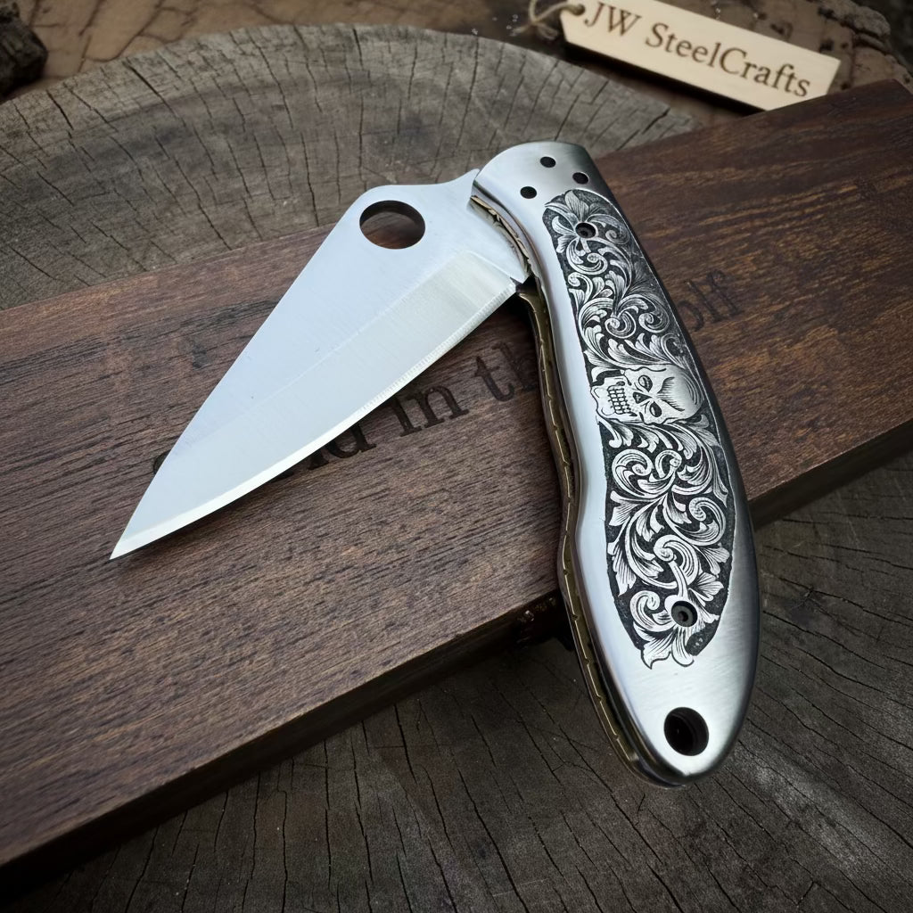 Hand Engraved D2 Steel Folding Pocket Knife — Mirror Polished Leaf Blade, Skull Floral Scroll Stainless Handle