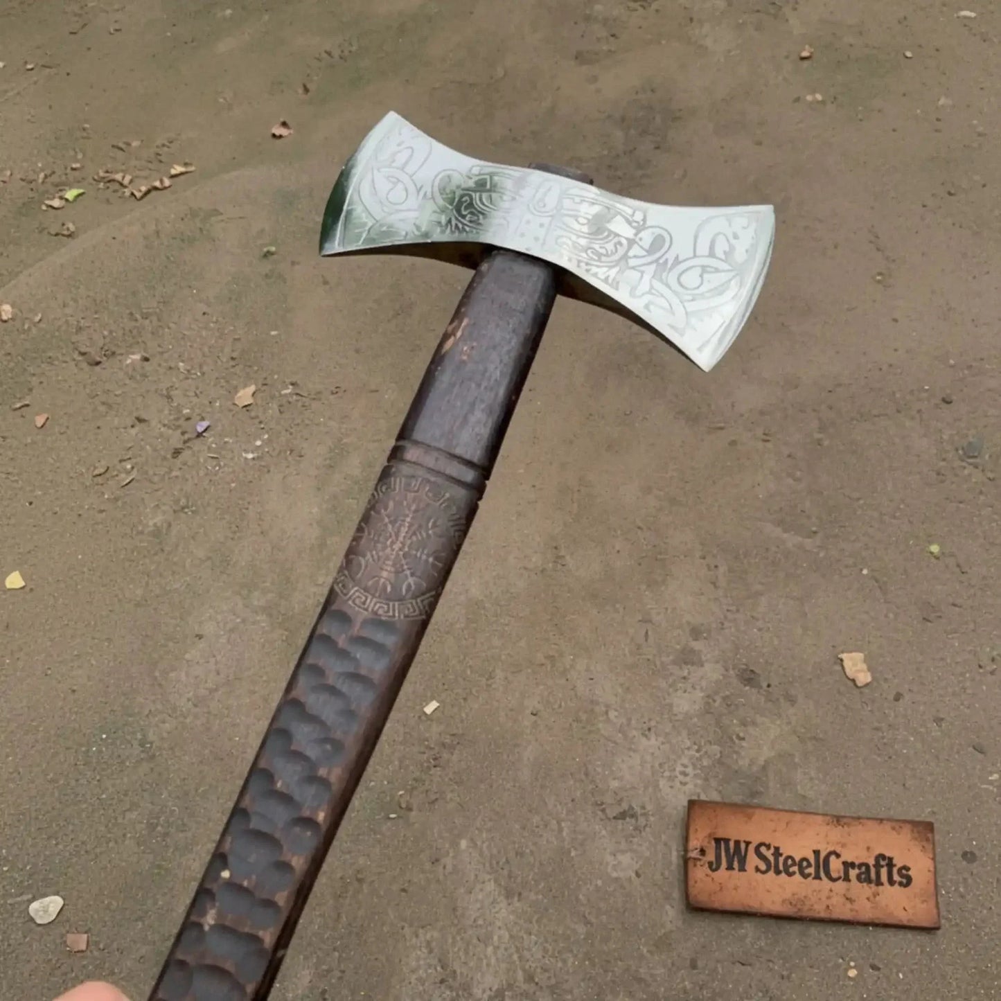 American Double Bit Axe with Wood Handle and Engraved Head
