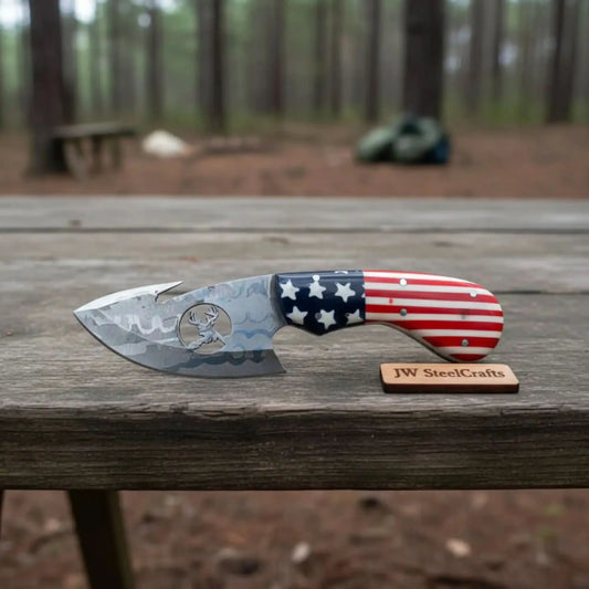 Damascus Gut Hook Skinner Knife with American Flag Handle