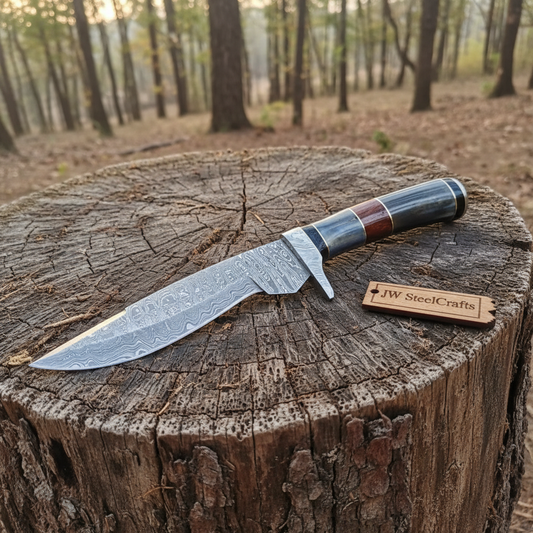 Handmade Damascus Bowie Knife with Colored Bone Handle | Full Tang Fixed Blade