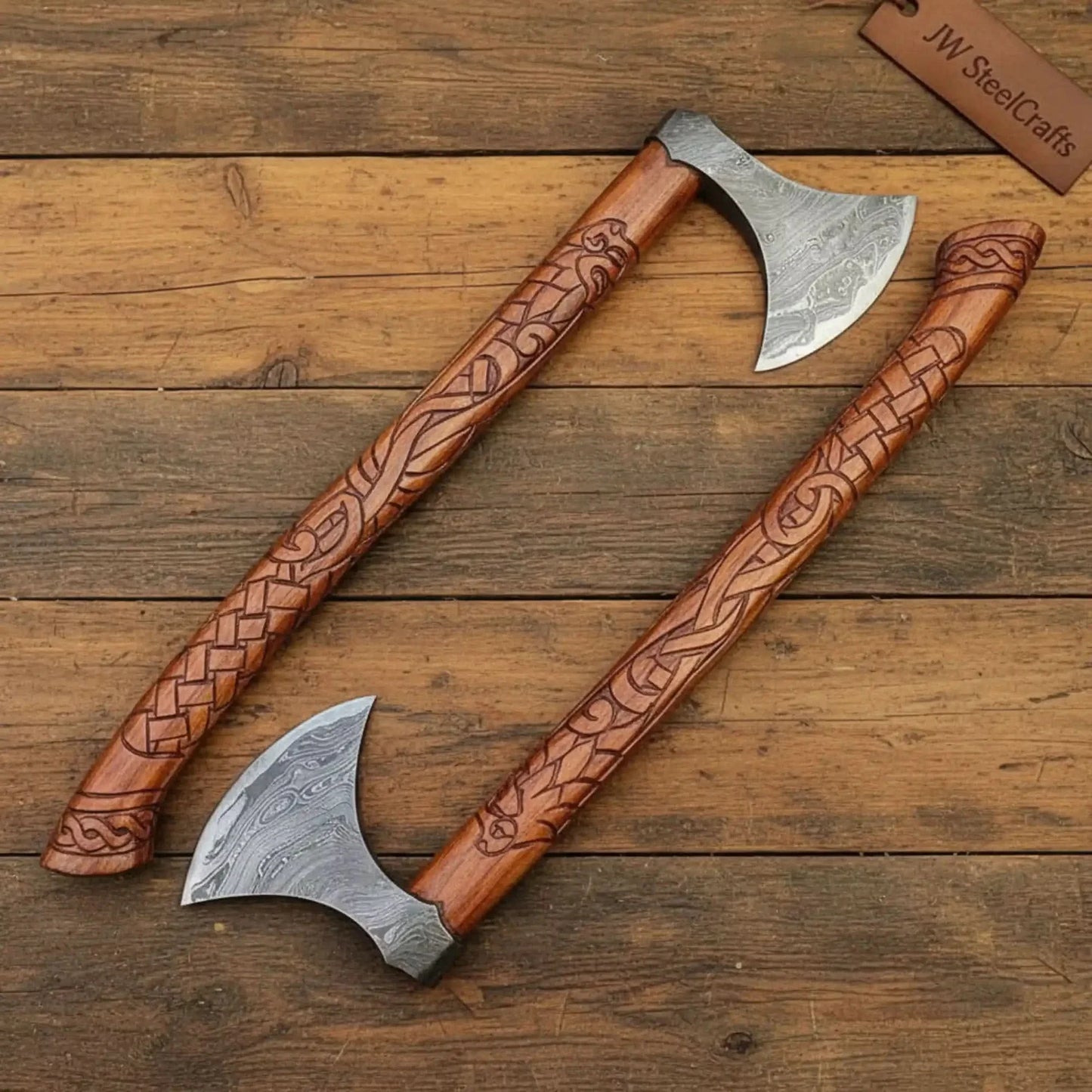 Handmade Norse Viking Axe Pair with Engraved Wooden Handles