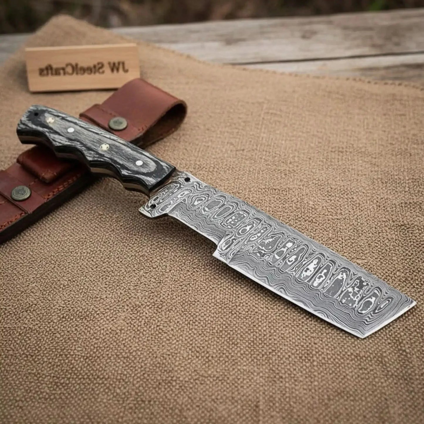 Handmade Damascus Steel Tracker Knife with Leather Sheath & Wooden Handle