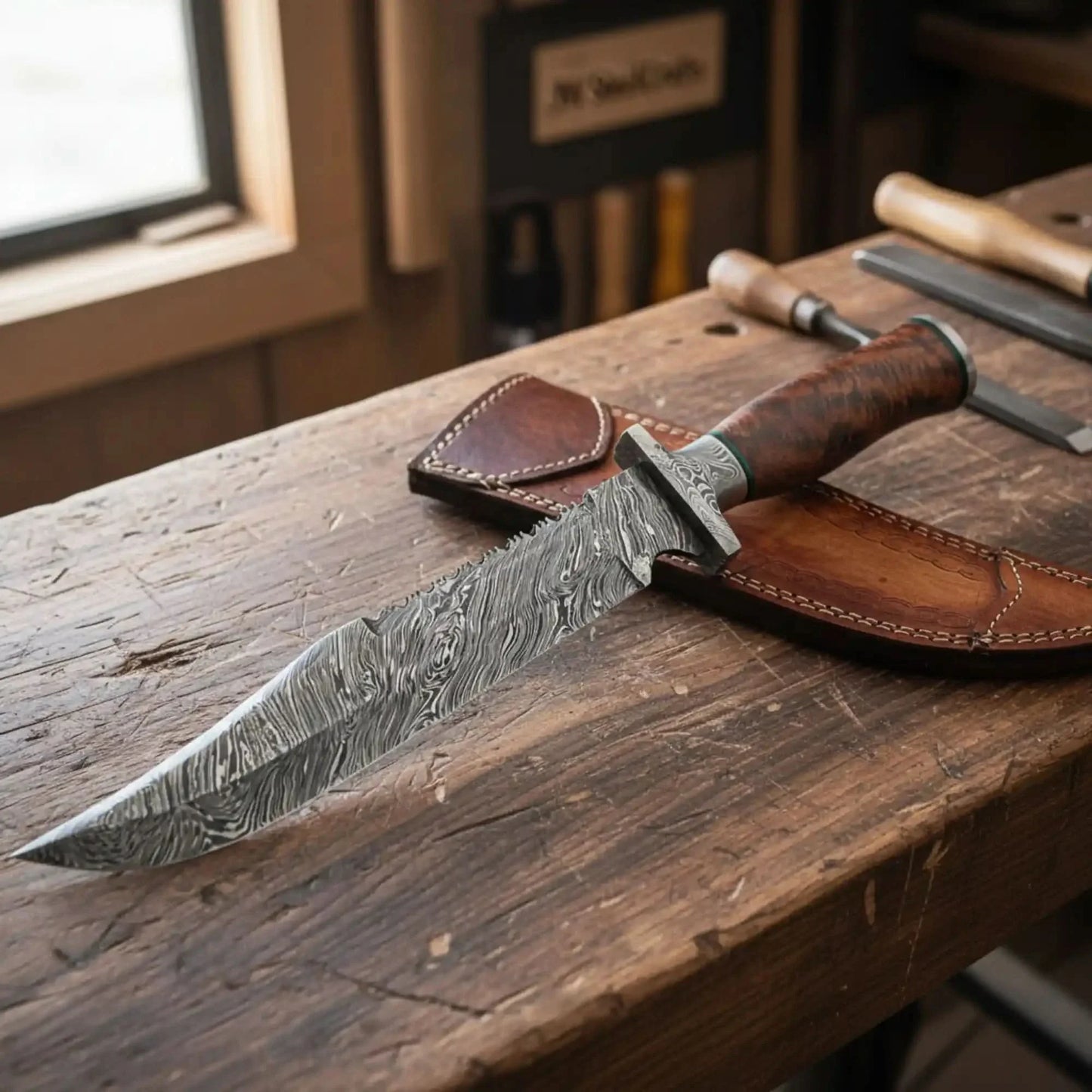 Handmade Damascus Bowie Knife with Natural Wood Handle Fixed Blade