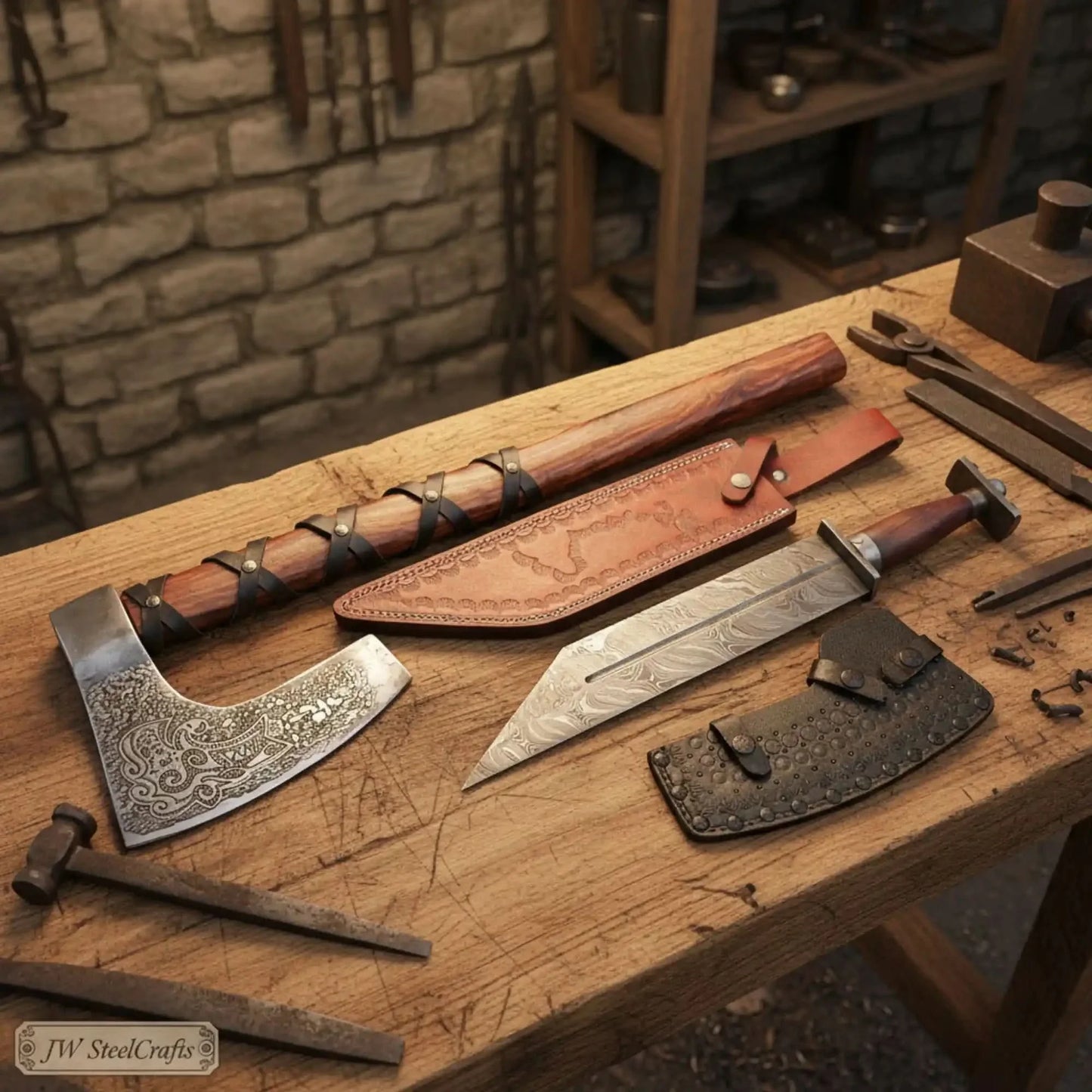 Viking Bearded Axe and Seax Knife Set | Bushcraft Wood Cutting