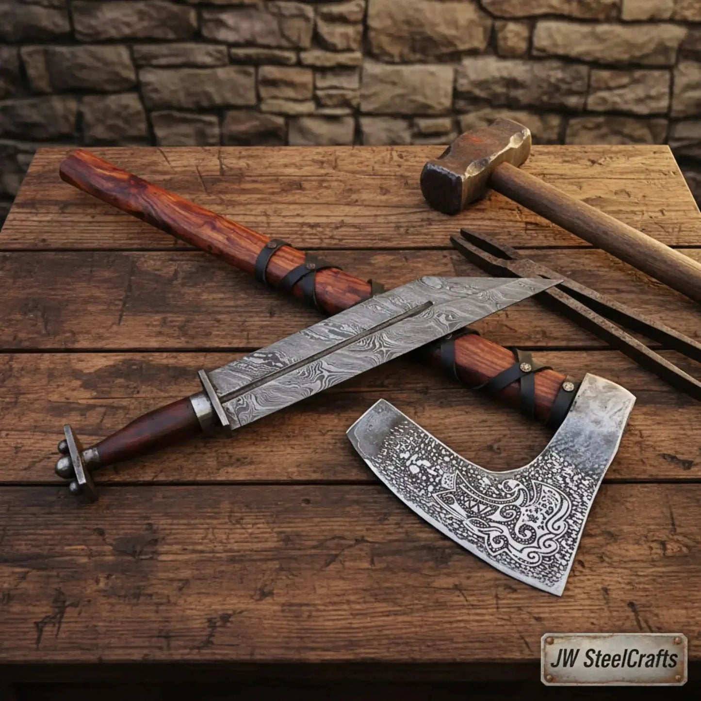 Viking Bearded Axe and Seax Knife Set | Bushcraft Wood Cutting