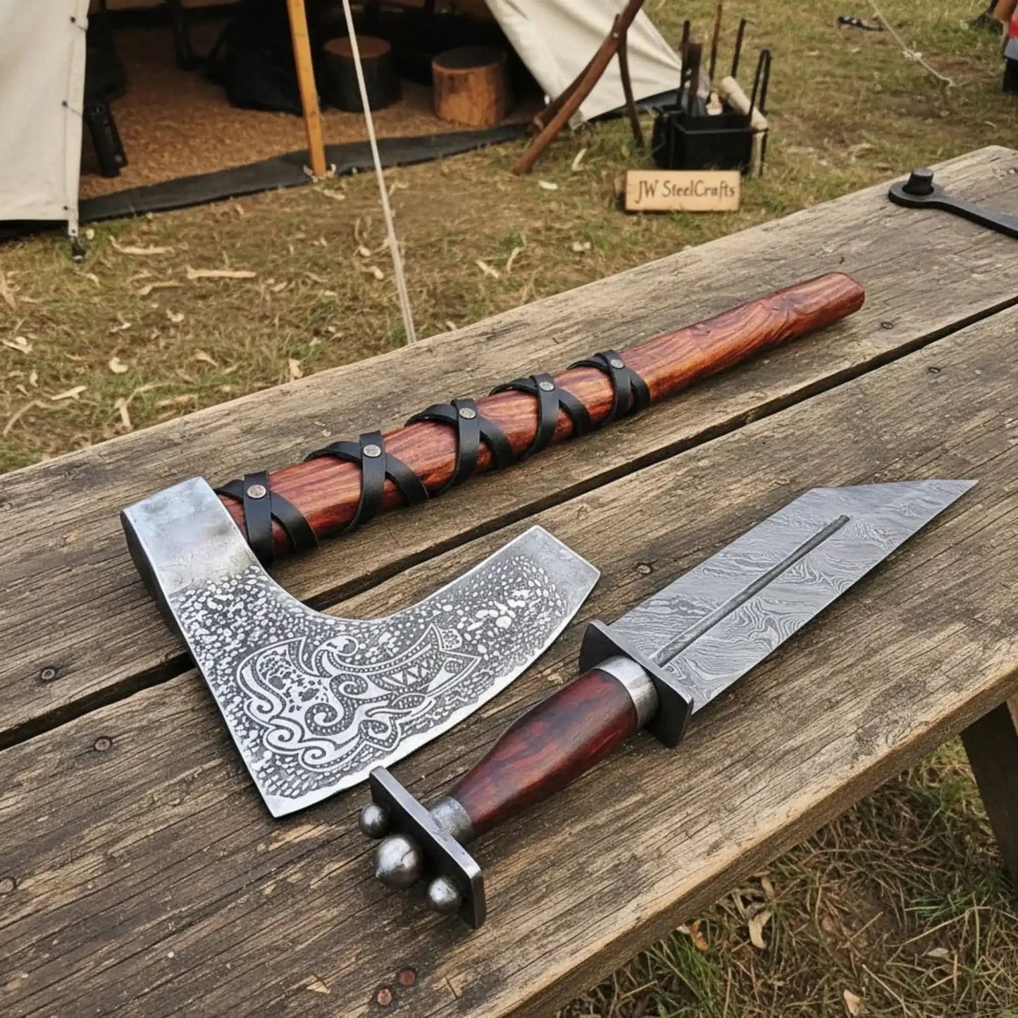 Viking Bearded Axe and Seax Knife Set | Bushcraft Wood Cutting