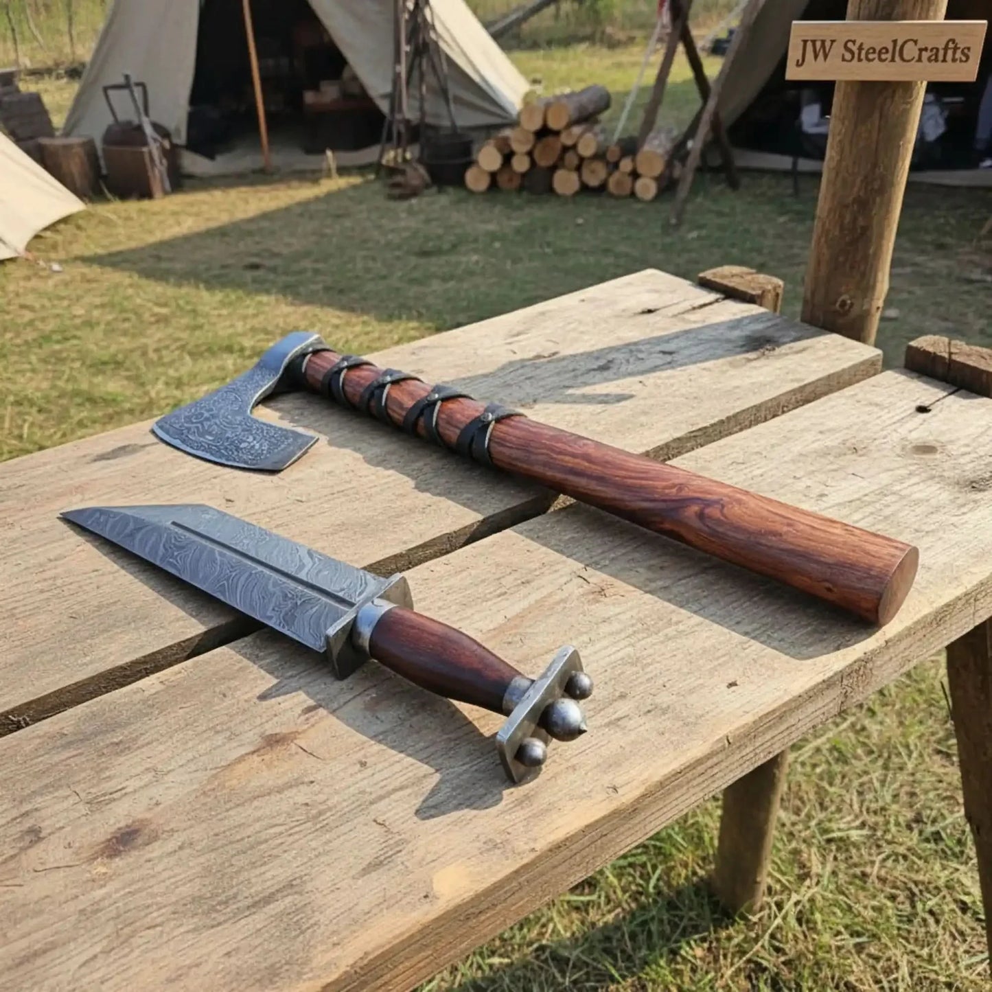 Viking Bearded Axe and Seax Knife Set | Bushcraft Wood Cutting