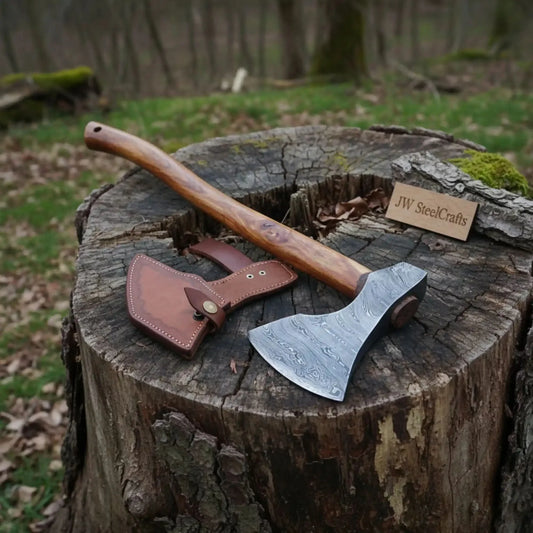 Handmade Damascus Camping Axe with Tali Wood Handle | Full Tang Outdoor Hatchet
