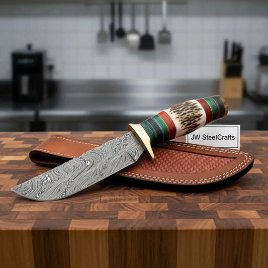 Handmade Damascus Straight Back Hunting Knife with Stag Handle Multi-Colored Pakka Wood Spacers