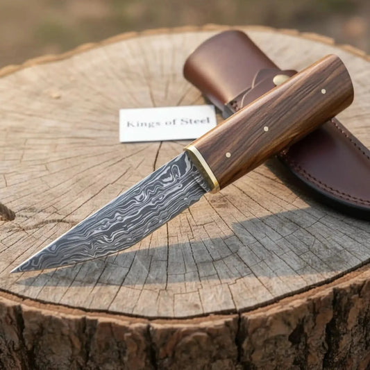 Handmade Viking Seax Knife - Damascus Steel Blade with Wooden Handle & Leather Sheath