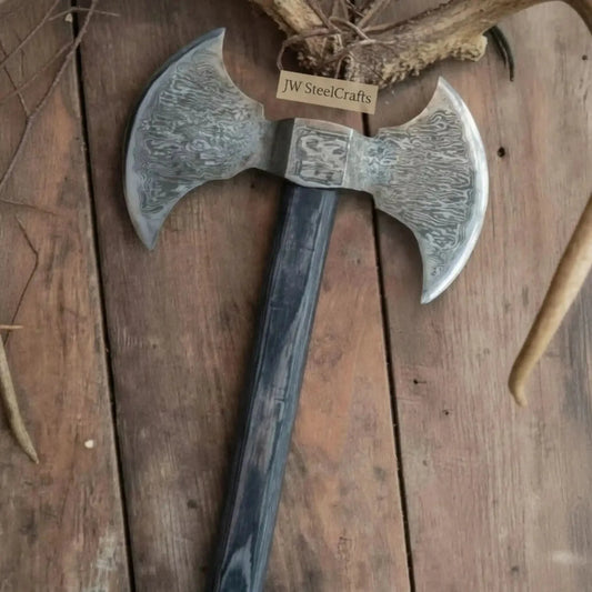 Handmade Damascus Steel Viking Double-Headed Axe with Wooden Handle