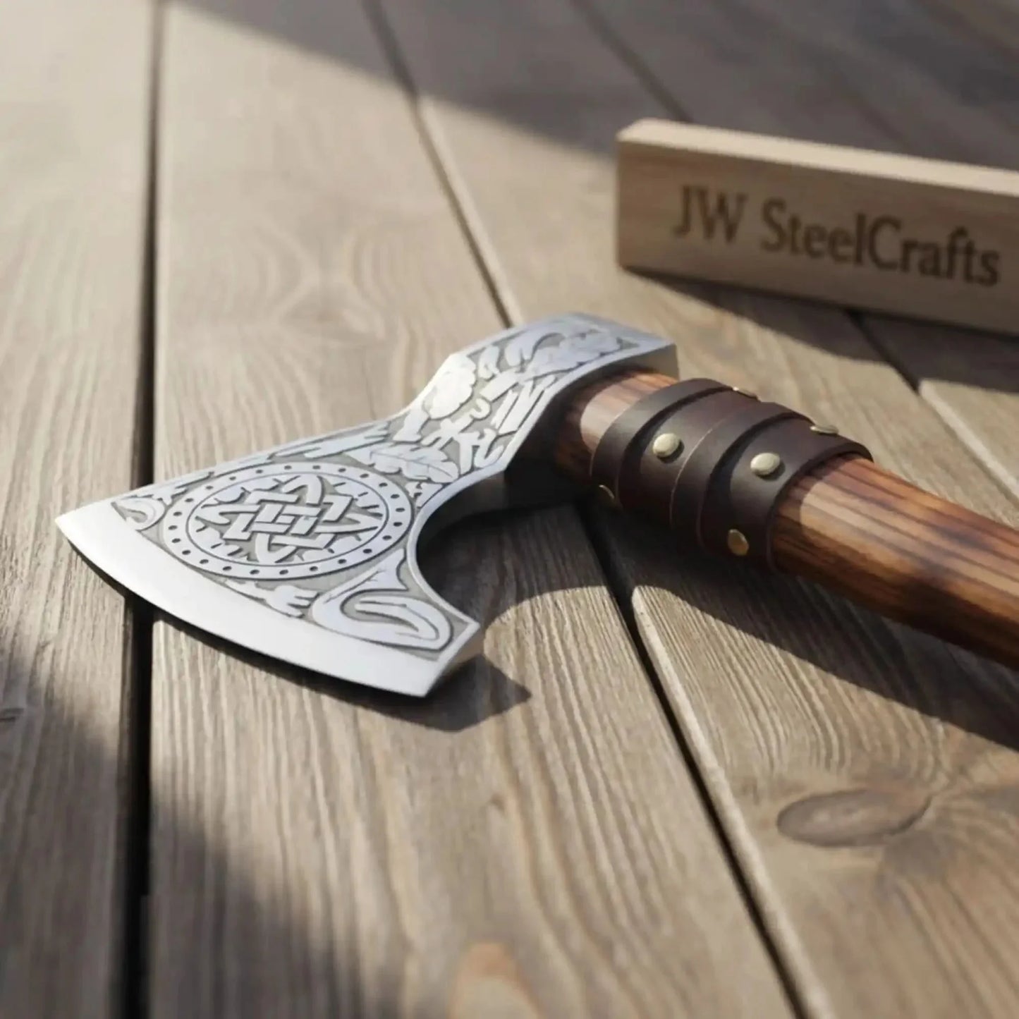 Handcrafted Viking Bearded Axe Engraved Blade Wolf Carved Wooden Handle Functional Sharp Edge