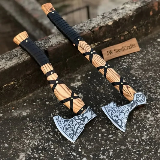 Fenrir Wolf Viking Axe Pair with Acid Etched Bearded Heads