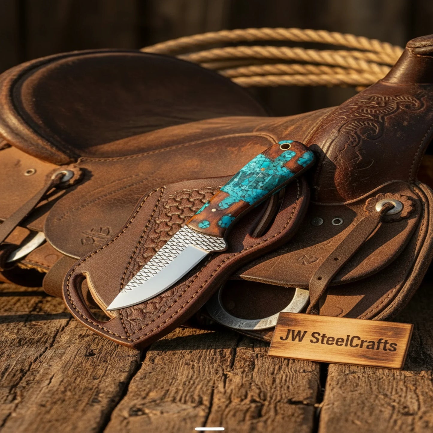 Turquoise Cowboy Skinner with Rasp Steel Blade and Crossdraw Sheath
