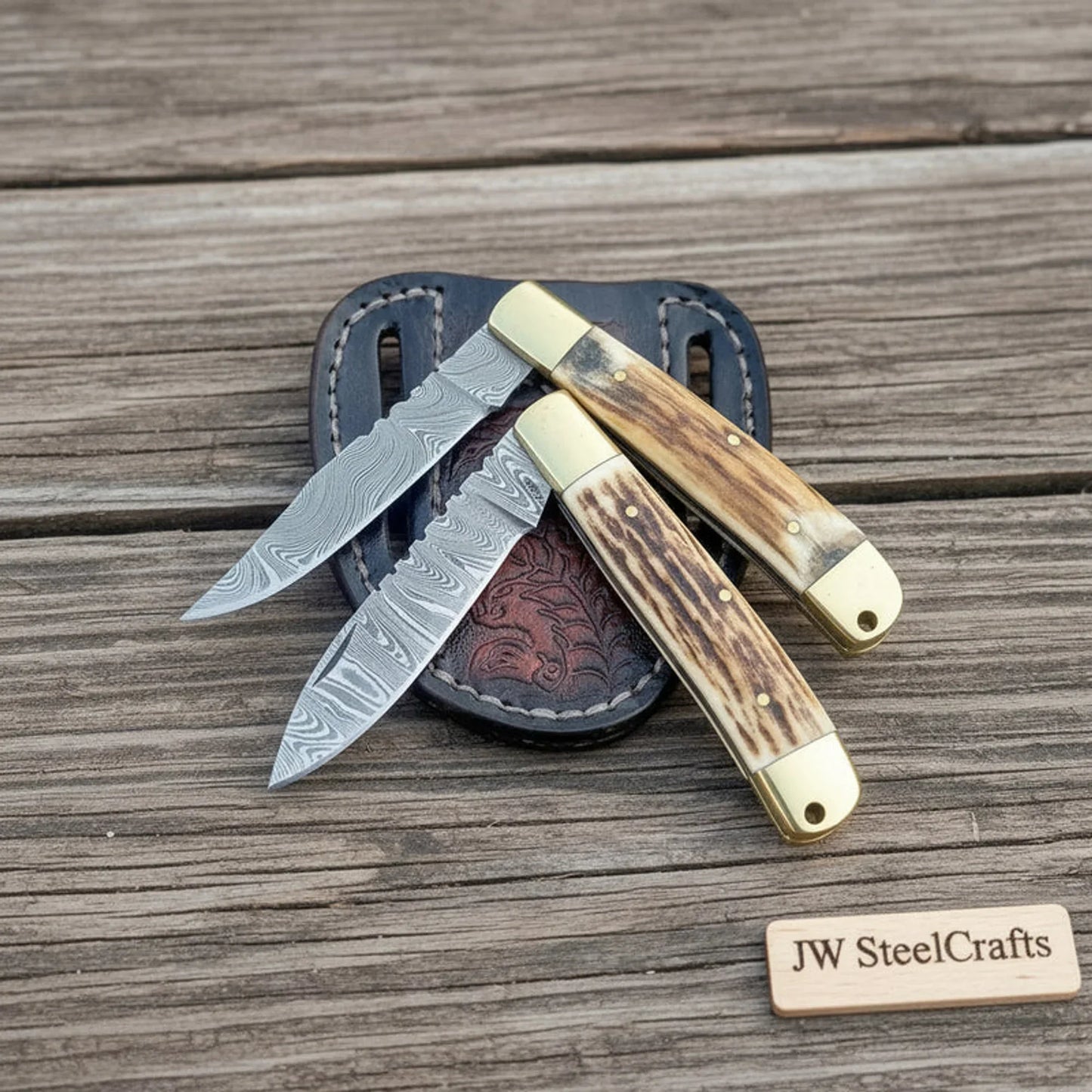 Damascus Stag Lockback Folding Knife Set of 2 Synthetic Stag Handle Brass Bolster Slip Joint EDC