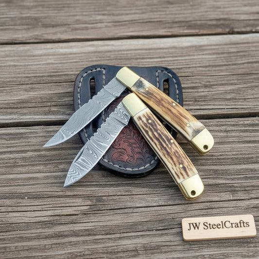Damascus Stag Lockback Folding Knife Set of 2 Synthetic Stag Handle Brass Bolster Slip Joint EDC