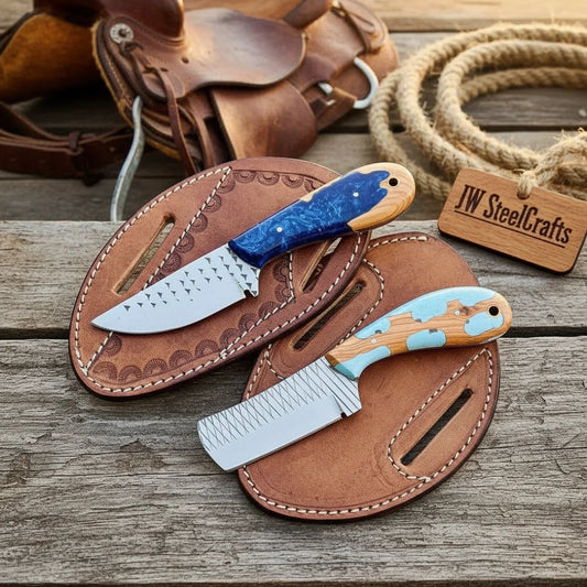 Ranchland Duo Cowboy Skinner Set of 2 Blue Resin Olive Wood Handle Western Pancake Sheath