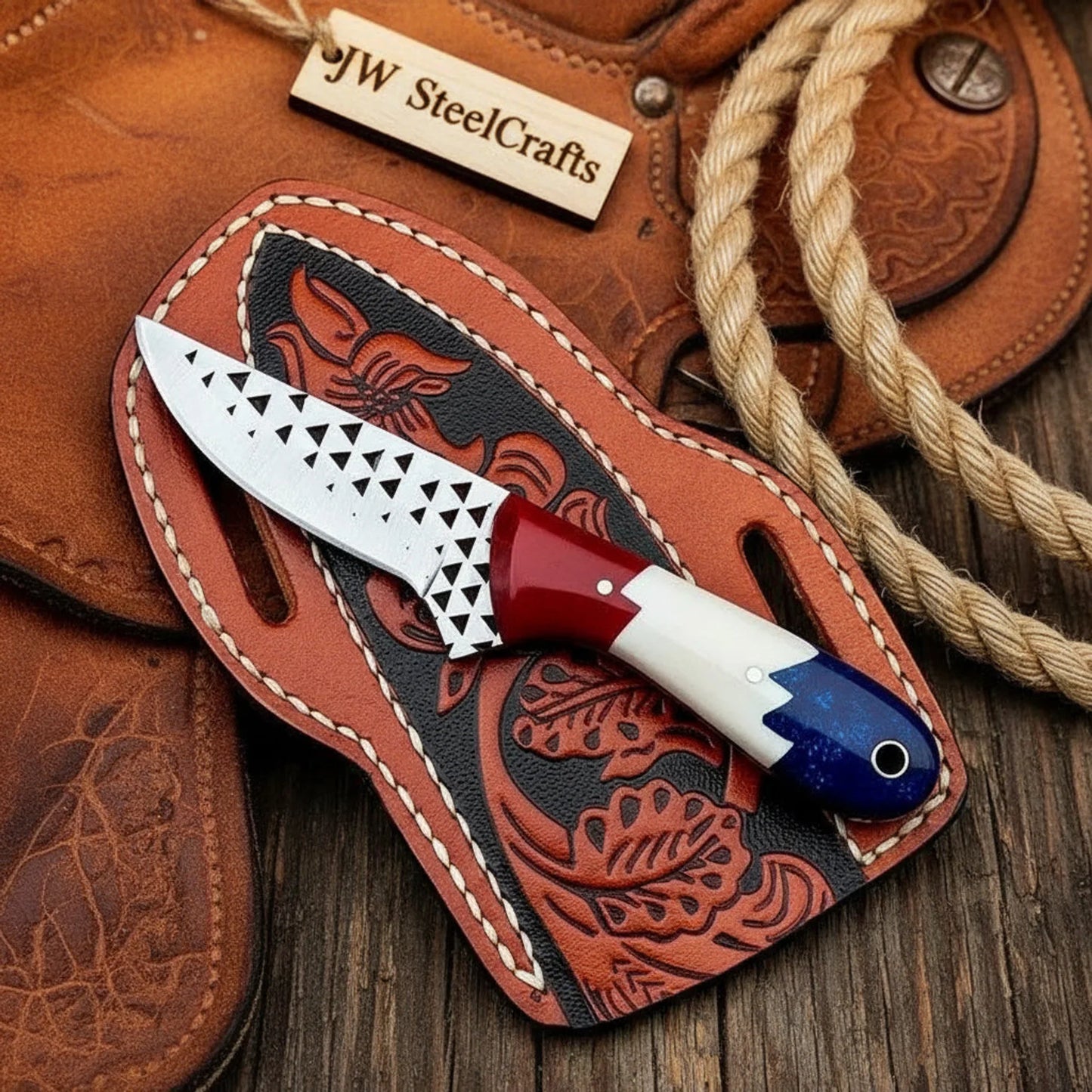 Old Glory Cowboy Skinner Knife Patriotic Resin Handle Full Tang Western Engraved Sheath 7"