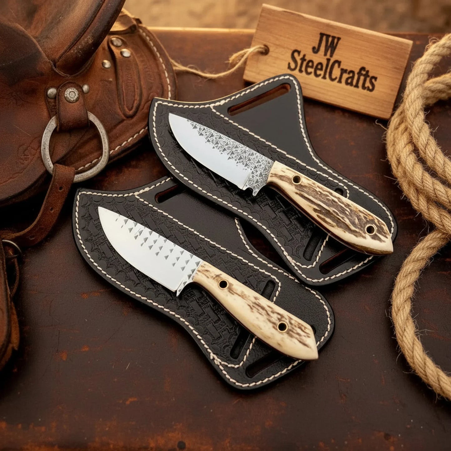 Rasp Steel Cowboy Knife Set with Synthetic Stag Horn Handles