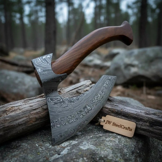 Compact Damascus Camping Hatchet with 14” Rosewood Handle
