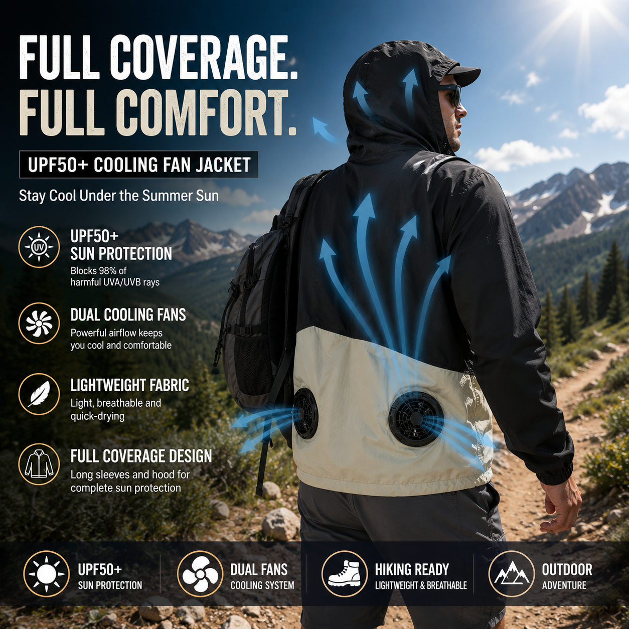 Liteguest UPF50+ Cooling Fan Jacket for Fishing, Hiking & Work