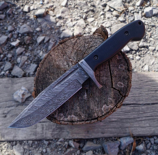Original Bowie Knife with Leather Sheath for Sale – Custom Handmade Full Tang Damascus Steel Blade, Micarta G10 Handle & Damascus Guard | 11.5-Inch Hunting Knife with Blood Groove – KBS Knives