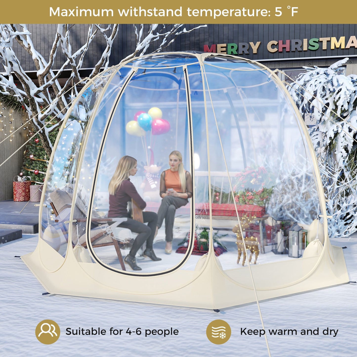 Pop Up Bubble Tent 630° Transparent PVC Igloo 8.5 x 8.5 FT Instant Setup Screen House for 5-6 People-Beige