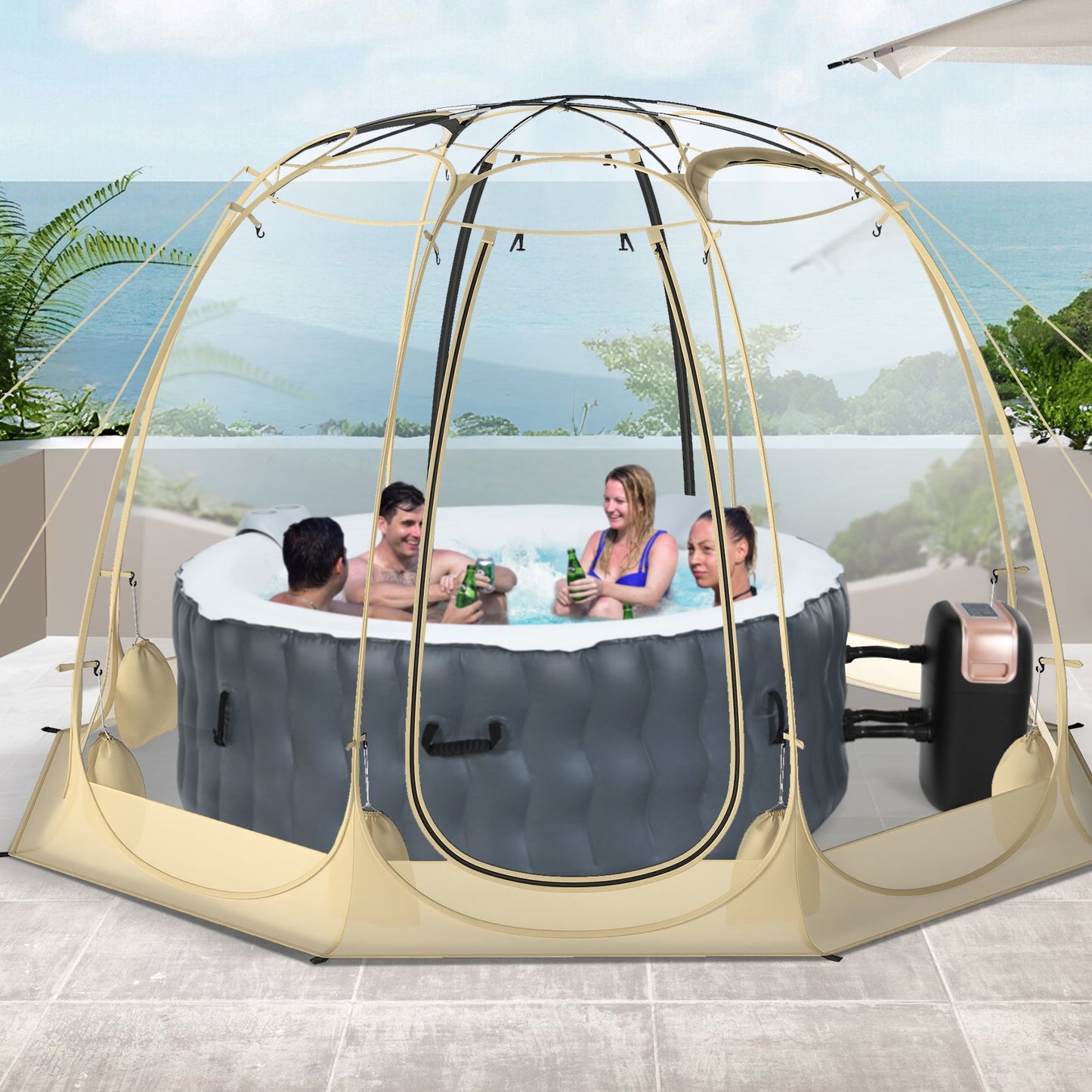 Pop Up Bubble Tent 630° Transparent PVC Igloo 8.5 x 8.5 FT Instant Setup Screen House for 5-6 People-Beige