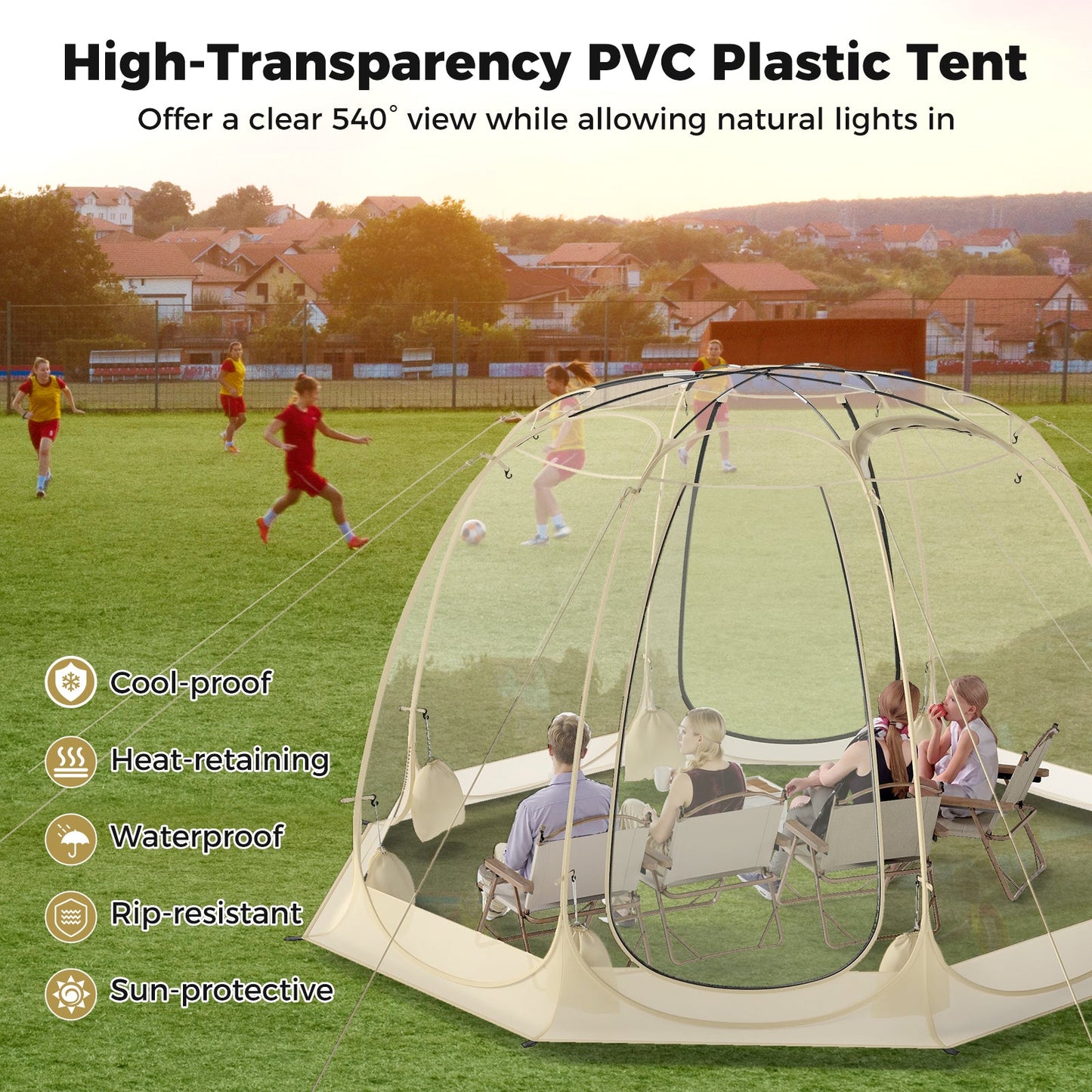 Pop Up Bubble Tent 630° Transparent PVC Igloo 8.5 x 8.5 FT Instant Setup Screen House for 5-6 People-Beige