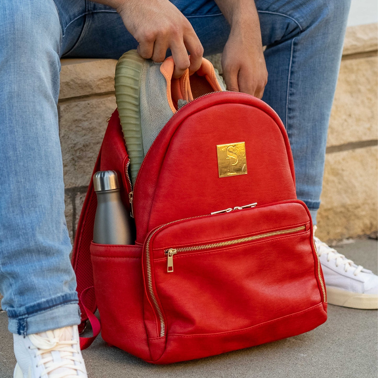 Red Leather Carrier Backpack