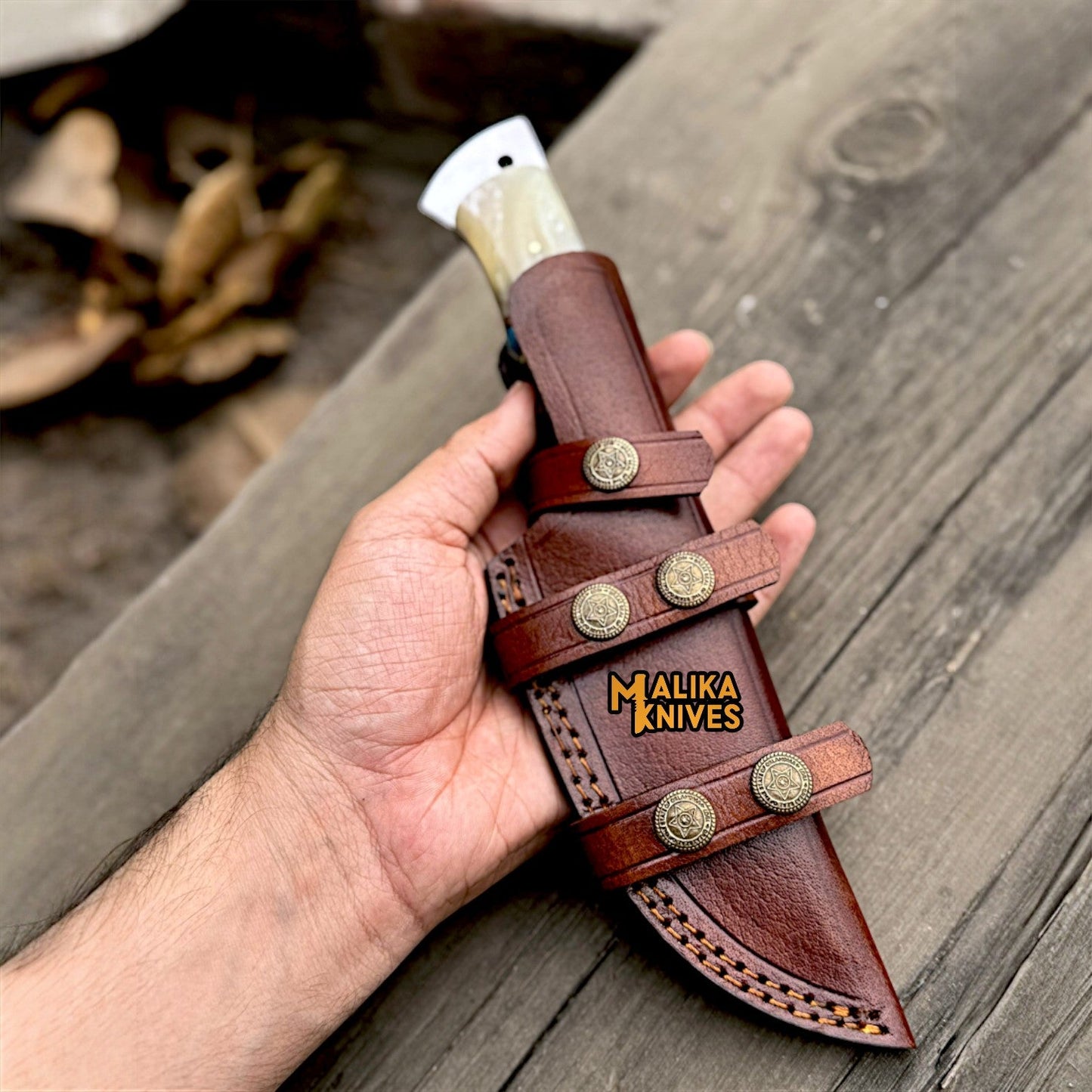 Stainless Damascus GutHook Hunting Knife | Wood & Marble handle-0361
