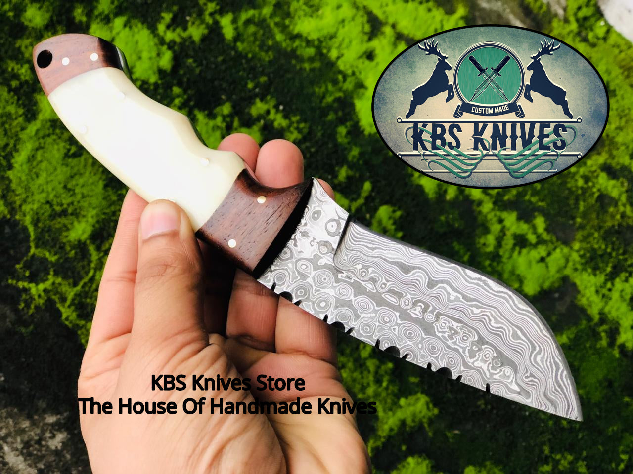 Raindrops Damascus Steel Skinning Knife - Rosewood Handle with Bone - 9 Inches - KBS Knives Store
