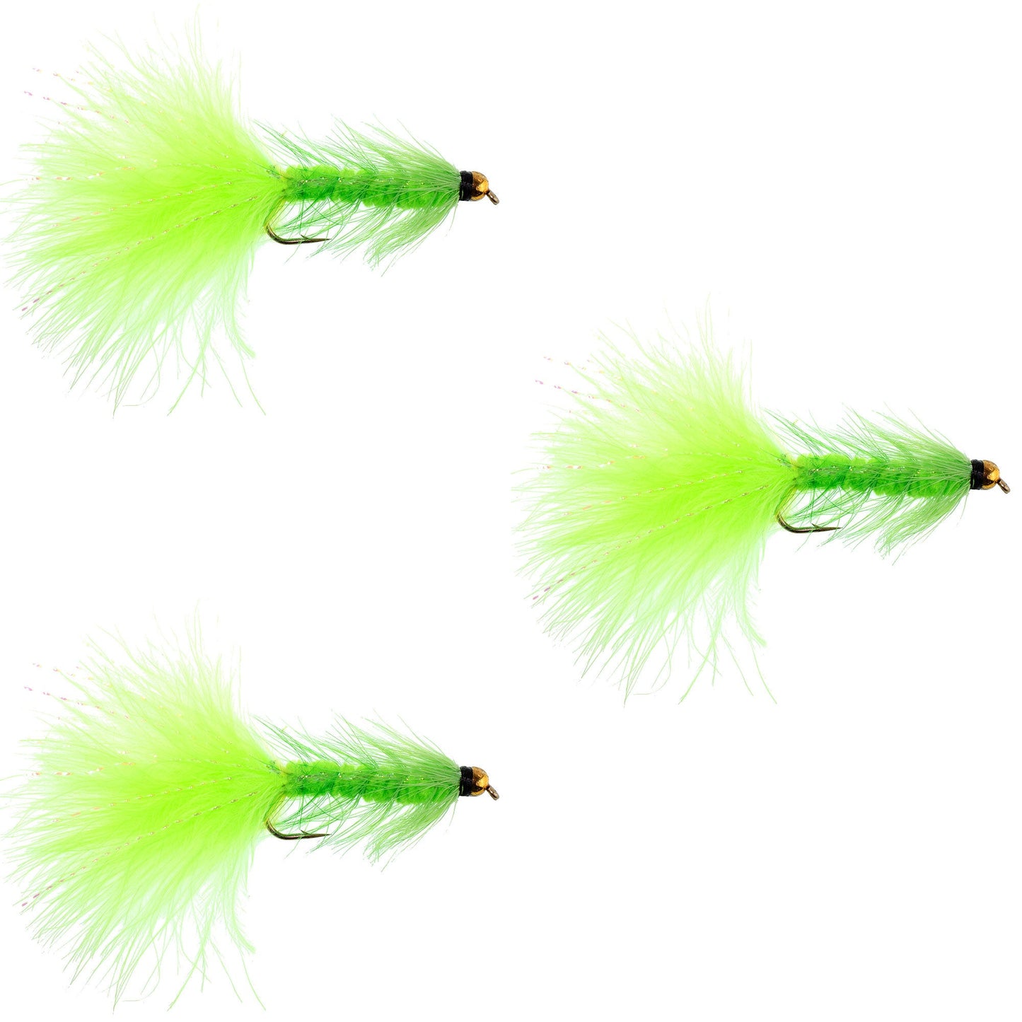 3 Pack Chartreuse Bead Head Crystal Woolly Bugger Classic Streamer Fly -  Hook Size 4