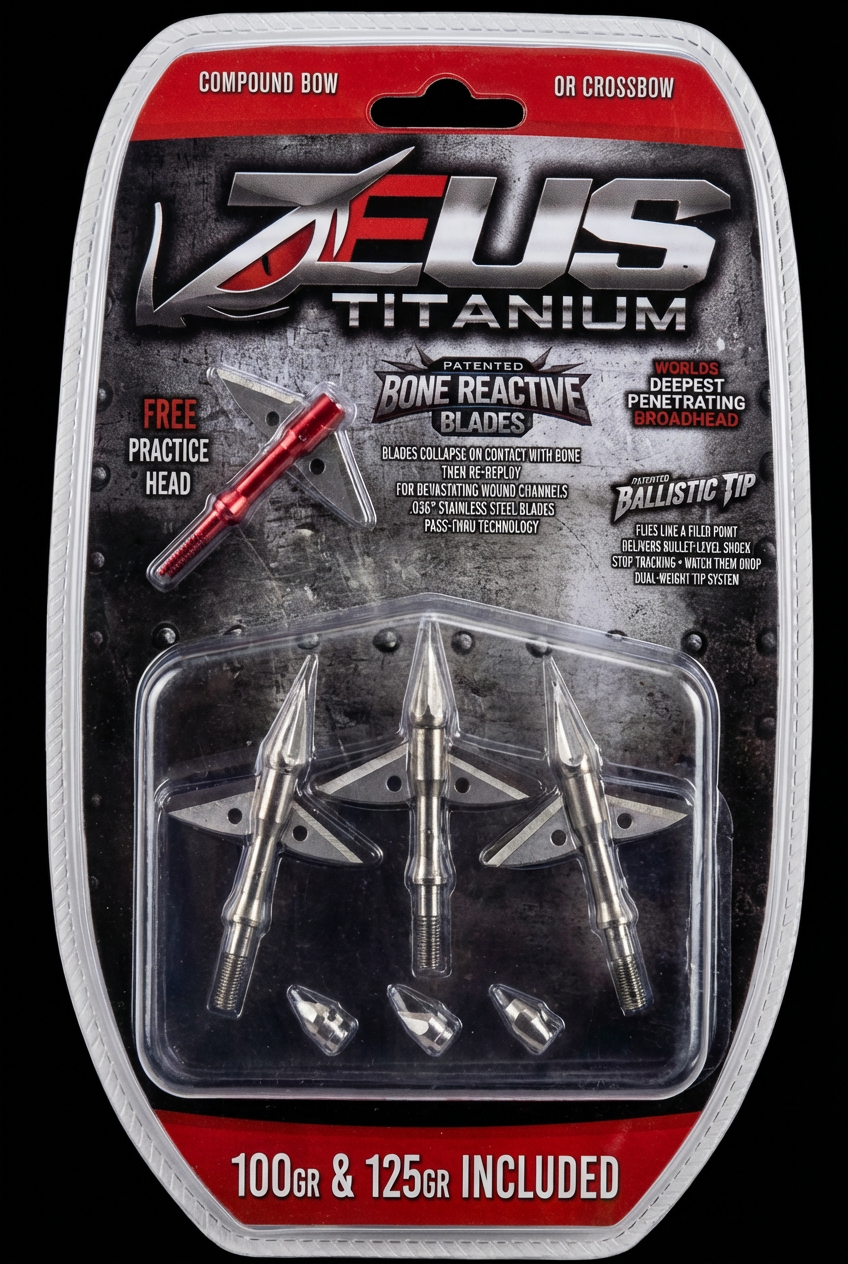 ZEUS TITANIUM 100/125 GRAIN BROADHEADS (3 PACK) PLUS PRACTICE HEAD